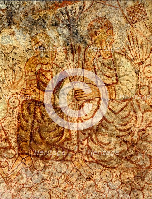 Mural painting from the apse of the church of Saint Michael, two persons contemplating Jesus' asc…