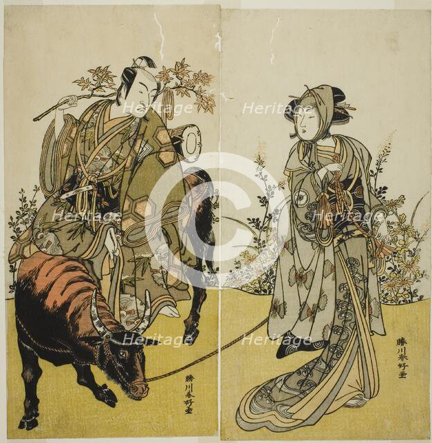 The Actors Iwai Hanshiro IV as Okume (right), and Ichikawa Monnosuke II as Koshiba...,c. 1779. Creator: Katsukawa Shunko.
