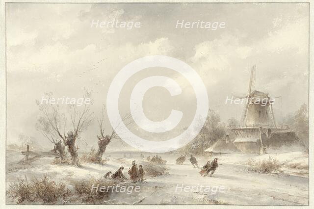 Winter landscape with skaters by a windmill, 1827-1897. Creator: Lodewijk Johannes Kleijn.
