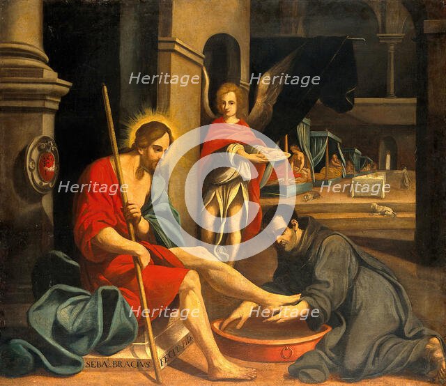 A Franciscan friar washing Christ's feet in a hospital, 18th century. Creator: Unknown.