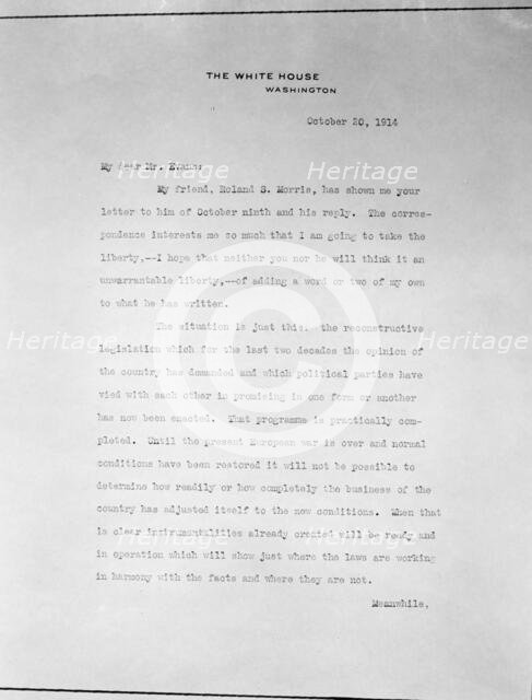 Copy of Letter On White House Stationery, October 20, 1914. Creator: Harris & Ewing.