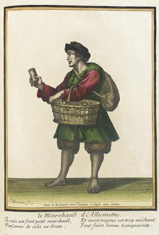 Recueil des modes de la cour de France, 'Le marchand d'Allumettes', after 1674. Creators: Nicolas Bonnart, Jean-Baptiste Bonnart.