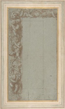 Design for Ornamental Border with Foliage, Putti and a Lion's Head., 1535-1607. Creator: Alessandro Allori.