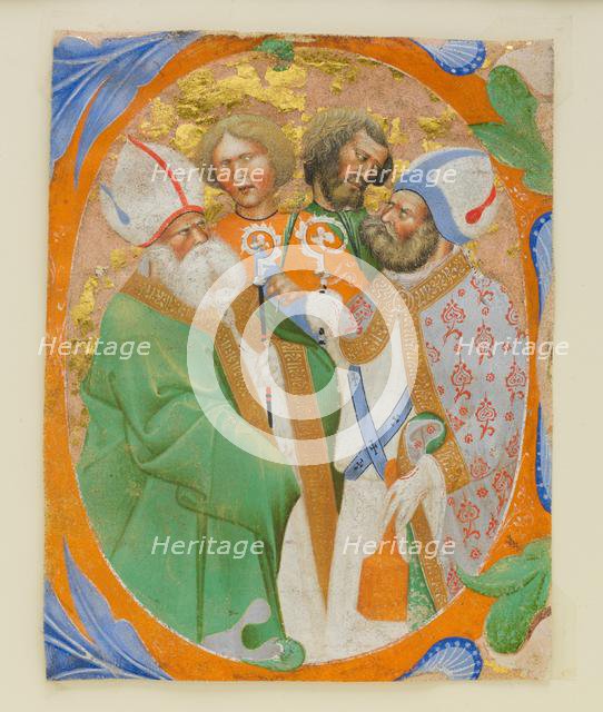Manuscript Illumination with Four Saints in an Initial O, from a Choir Book, 1440-50. Creator: Master of the Murano Gradual.