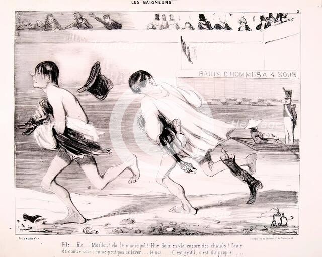Les Baigneurs. File... File... Moellon! v. le Municipal..., 1839. Creator: Honore Daumier.