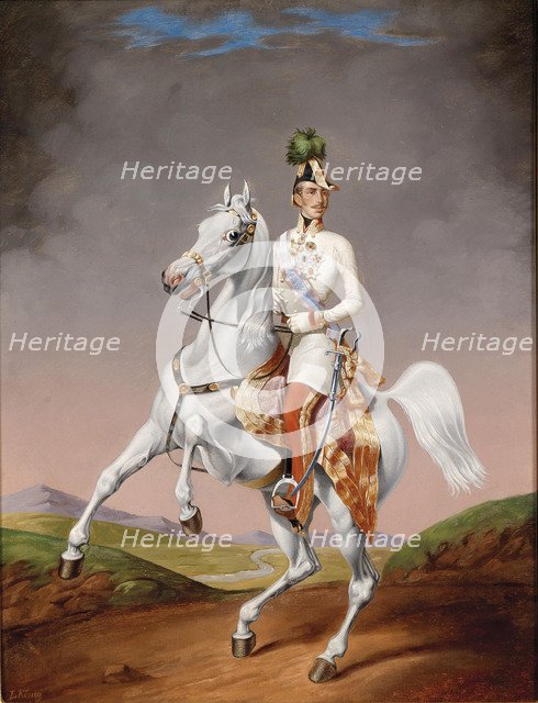 Portrait of Franz Joseph I of Austria on horseback, 1855. Artist: König, Lilly (1799-?)