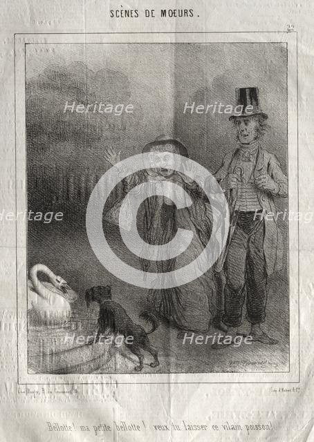 Scènes de moeurs: Bellotte! ma petite Bellote! veux-tu laisser ce vilain poisson!. Creator: Charles Joseph Traviès de Villers (French, 1804-1859).