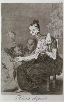 Los Caprichos, series of etchings by Francisco de Goya (1746-1828), plate 44: 'Hilan delgado' (Th…