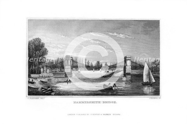 Hammersmith Bridge, Hammersmith, London, 1829.Artist: J Rogers