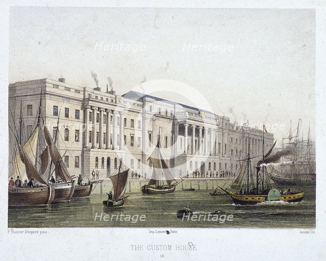 Custom House and River Thames, London, 1854. Artist: Louis Julien Jacottet