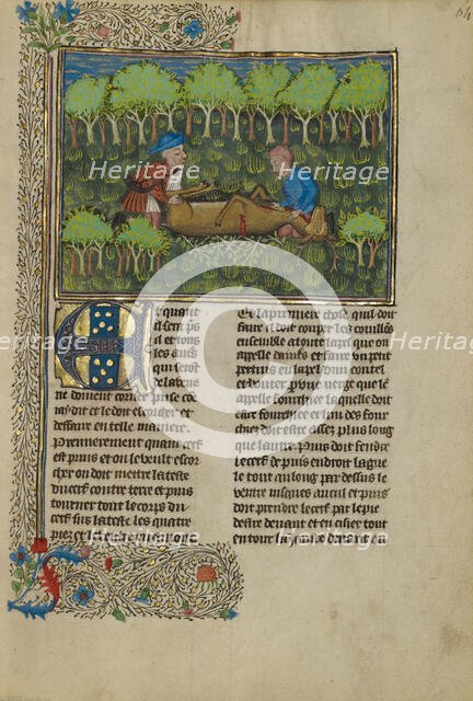 Hunters Flaying a Deer's Carcass; Livre de la Chasse, about 1430-1440. Creator: Unknown.