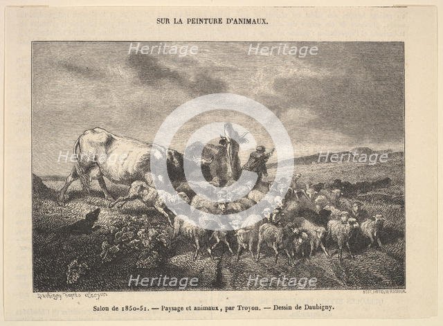 Salon de 1850-51; Paysage et Animaux, par Troyon, 1850-51. Creator: Charles Francois Daubigny.