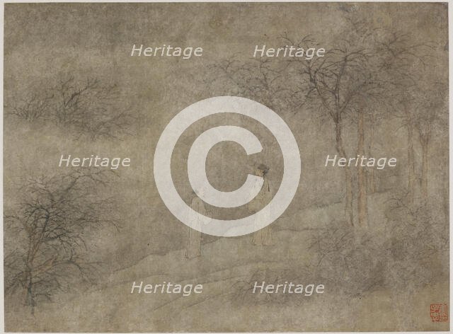 Two men walking in misty grove, Ming dynasty, 1368-1644. Creator: Unknown.