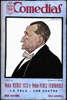 Cover of the publication 'Comedias'. Caricature of Antonio Paso Cano (1870-1958). Siglo XX publis…