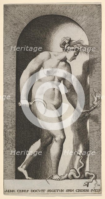 Plate 14: Ceres in a niche, facing right, standing over a two-headed snake and holding a h..., 1526. Creator: Giovanni Jacopo Caraglio.