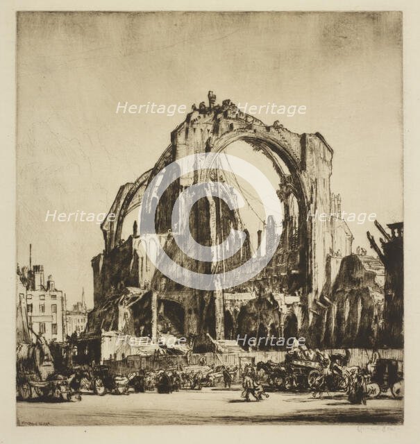 Demolition of St. James' Hall, exterior, 1907. Creator: David Muirhead Bone.