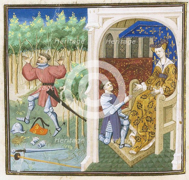 Tristan en prose. MS 648 (0404): Folie de Tristan - Iseut demandant à Fergus de retrouver..., c1455. Creator: Dunois Master, (Maître de Dunois) (active 1430-1465).