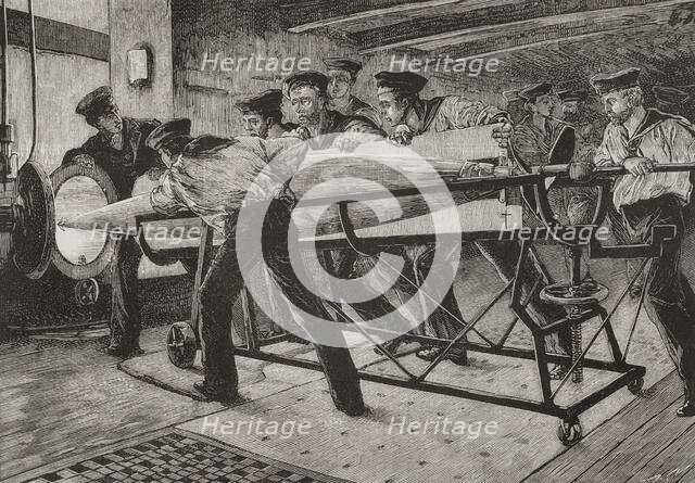 Torpedo practice on board HMS Thunderer, preparing to launch a Whitehead Fish Torpedo..., 1878. Creator: Unknown.