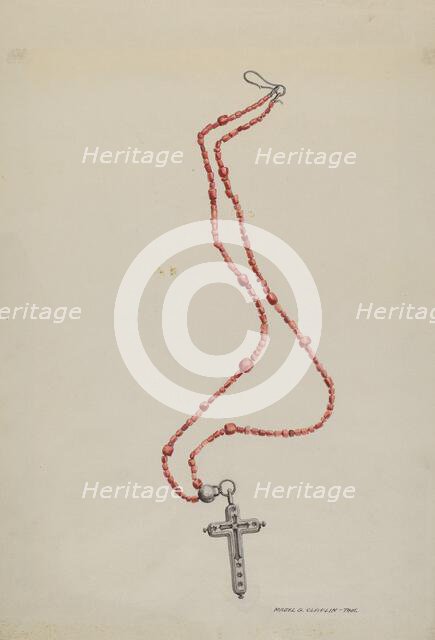 Coral Beads and Crucifix, c. 1937. Creator: Majel G. Claflin.