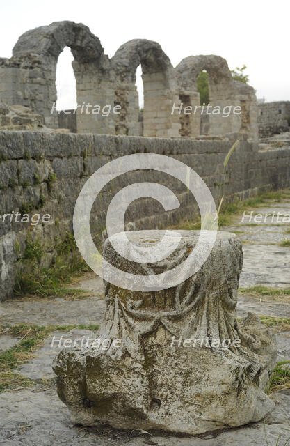 Partial view of the amphitheater ruins, ancient city of Salona, Solin, Croatia, 2018.  Creator: Unknown.