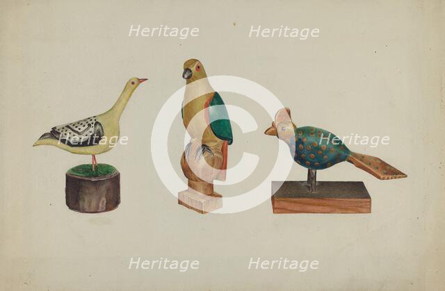 Pa. German Three Carved and Painted Birds, c. 1937. Creator: Victor F. Muollo.