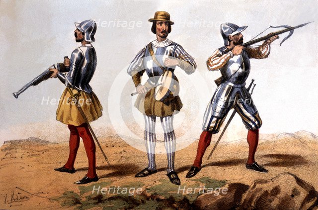 Reign of Catholic Kings. Infantry, 1504, soldier of the Colunelas: Gunsmith, kettledrumman and cr…