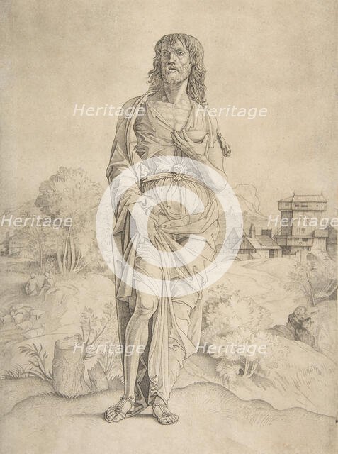 Saint John the Baptist standing in landscape, figures and buildings in the backgrou..., ca. 1505-10. Creator: Giulio Campagnola.
