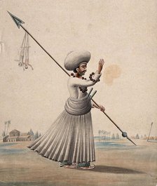 A man holding a long arrow with two puppets (?) hanging from it, (between 1800 and 1899?). Creator: Unknown.
