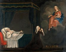 A sick man in bed, a woman praying to the Virgin and Child, c1750s. Creators: Unknown, Du Moulin.