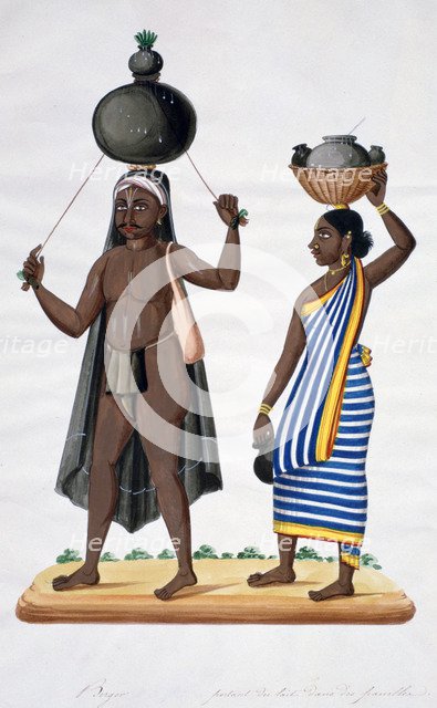 Shepherd and his wife carrying milk, India, 1834. Artist: Unknown