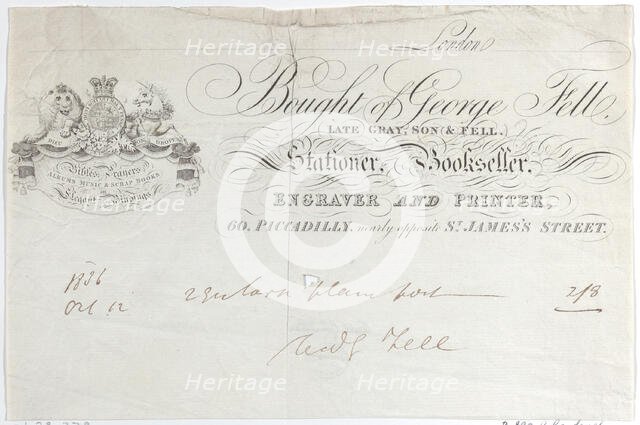 Trade Card for George Fell, Stationer, Bookseller, Engraver and Printer, 19th century., 19th century Creator: Anon.