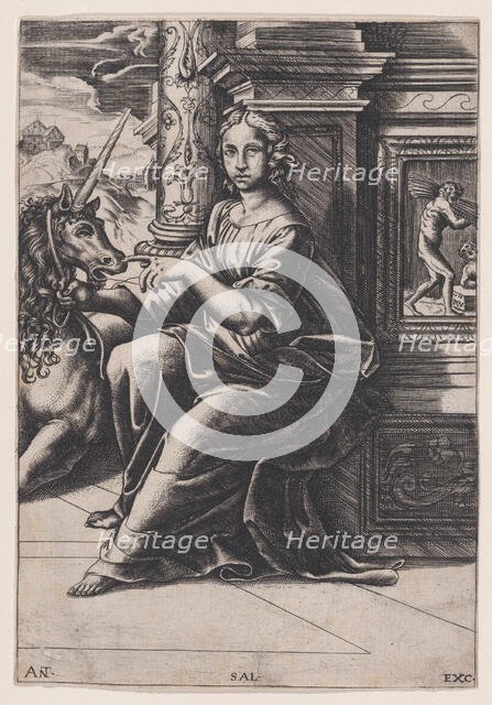 Chastity, a woman seated, a unicorn to her right, c. 1515-30. Creator: Agostino Veneziano.