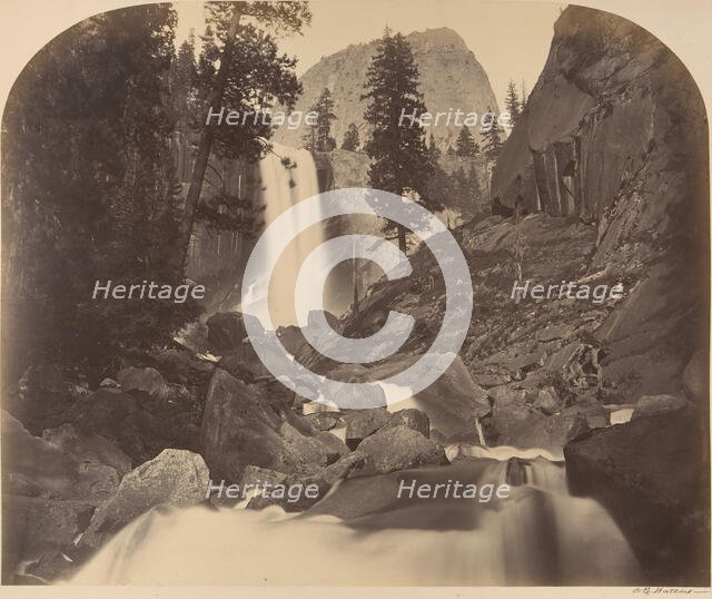 Mt. Broderick in Distant Centre, Piroyac, Falling Chrystals, Vernal Fall, 1861. Creator: Carleton Emmons Watkins.