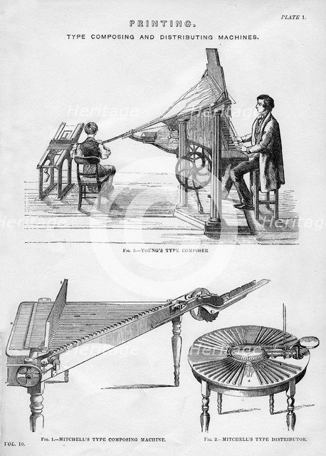 Printing; type composing and distributing machines, 19th or 20th century. Artist: Unknown
