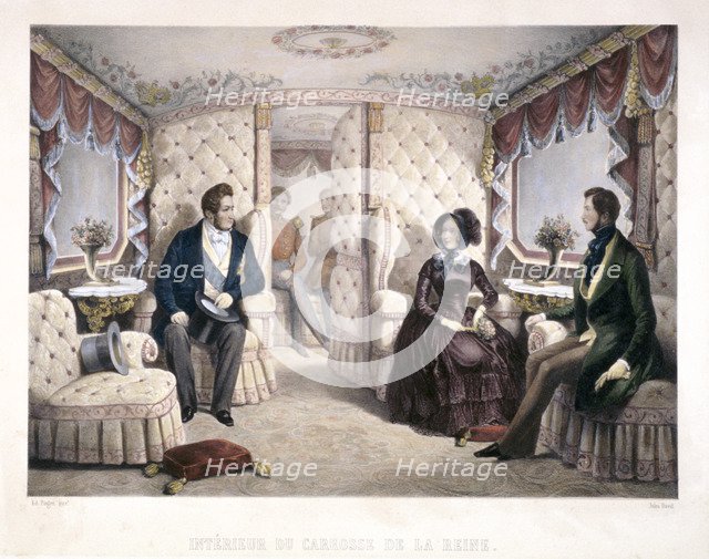 King Louis Philippe, Queen Victoria and Prince Albert in the royal carriage, 1846.    Artist: Jules David
