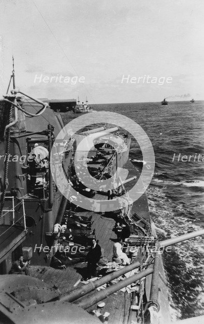 Sailors sleeping on the upper deck of the British battleship HMS 'Malaya', c1940-c1941. Artist: Unknown