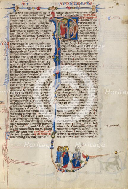 Initial P: Saint Paul Giving a Scroll to a Bishop; Abbey Bible about 1250-1262. Creator: Unknown.