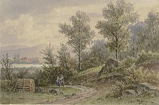 View from the forest towards a village and mountains, late 19th century. Creator: Jacob Hoffmann.
