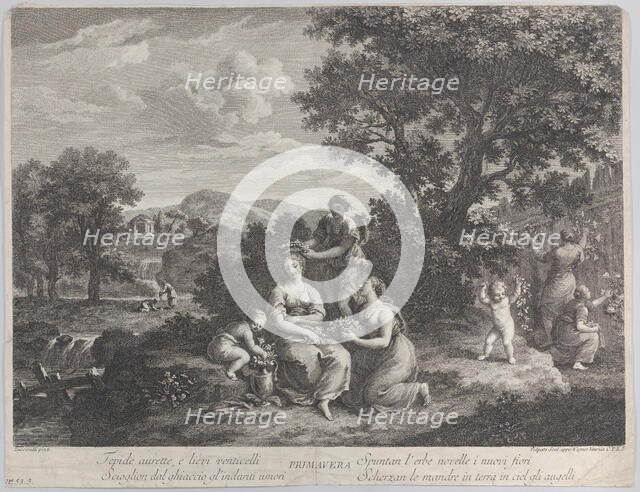 Primavera, a group of women collecting flowers and making crowns from them, ca. 1764. Creator: Giovanni Volpato.