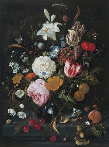 Flowers in a glass Vase with Fruit, 1665. Creator: Jan Davidsz de Heem.