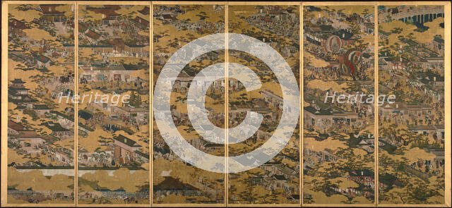 Scenes in and around Kyoto, One of a pair of six-section folding screens, c1615. Creator: Matabe (Matabei); Iwasa (1578-1650).