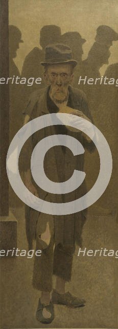 La Bouchée de pain : vieil homme en haillons, de face, tenant un morceau de pain, c.1904. Creator: Fernand Pelez.