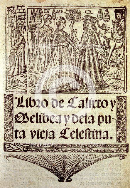 Title page of 'Libro de Calixto y Melibea y la puta vieja Celestina' (Book of Calixto and Melibea…