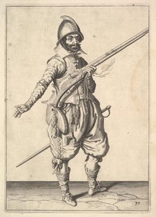 A soldier on guard freeing his right hand, from the Marksmen series, plate 37, in Wapenhandeli.... Creator: Unknown.