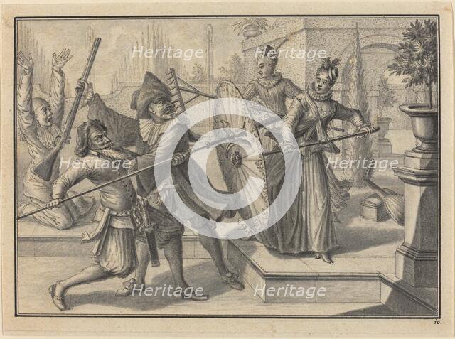 Pantaloon and the Doctor Fighting with Columbine and Brigatella in the Garden, c. 1729. Creator: Johann Jakob Schübler.