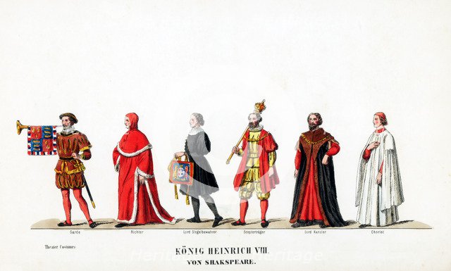 Theatre costume designs for Shakespeare's play, Henry VIII, 19th century. Artist: Unknown