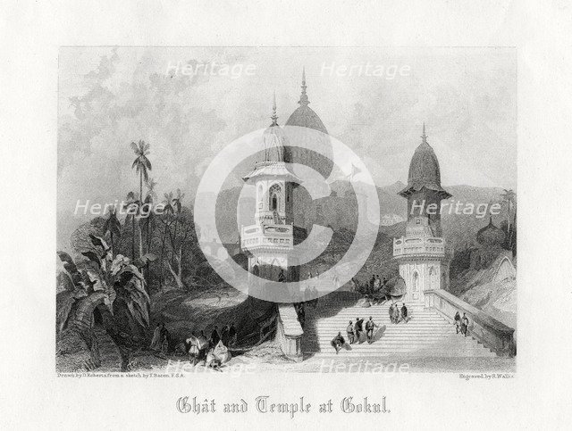 'Ghat and Temple at Gokul', India, c1838.Artist: R Wallis