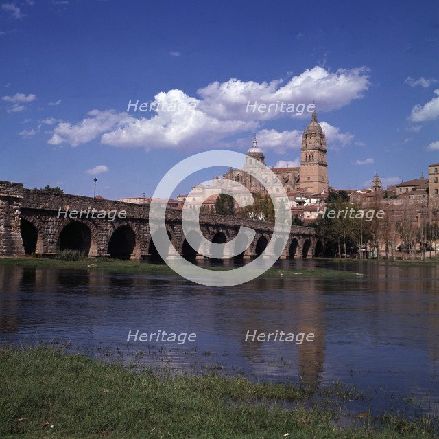 Salamanca. View of the Roman bridge over the river Tormes with the cathedral in the background.