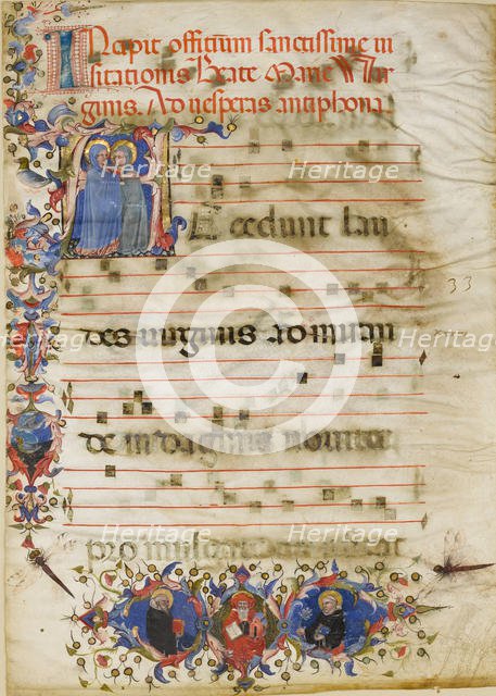 Manuscript Leaf with the Visitation in an Initial A and Cardinal Adam Easton..., ca. 1400. Creator: Unknown.
