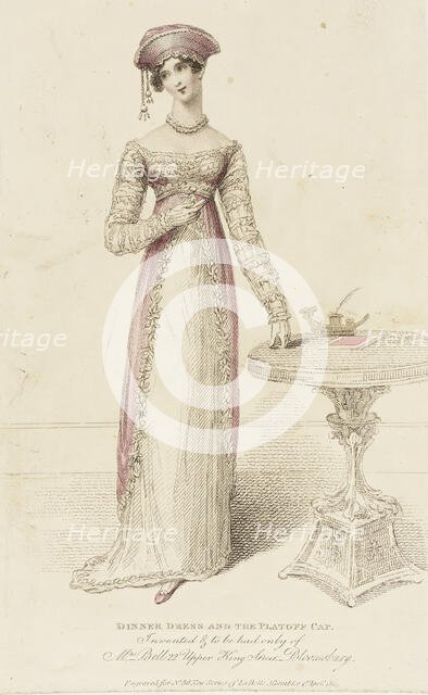 Fashion Plate (Dinner Dress and the Platoff Cap), 1814. Creator: John Bell.